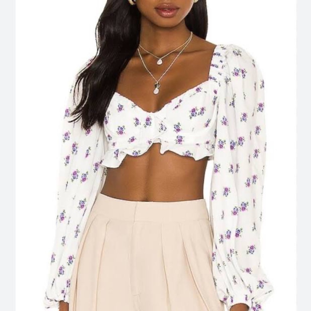 For Love & Lemons Viola Crop Top Size XS White Floral Coquette Cottage Core Boho